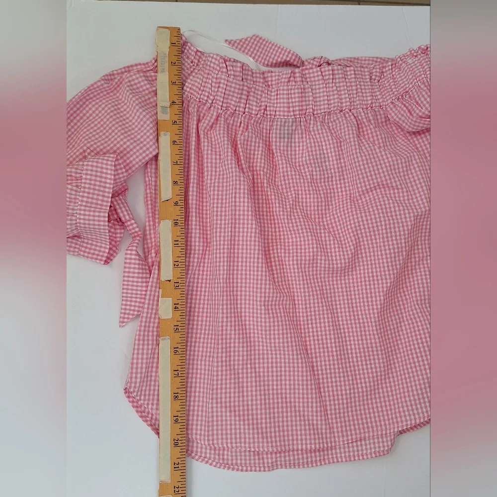 H&M Gingham Off Shoulder Top Pink Plaid Coquette Preppy Cotton NEW Womens XS